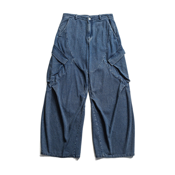 Women Wide Cargo Jeans Pants with High Waist, Distinctive Partial Seams and Decorative Pockets Mune Fashion