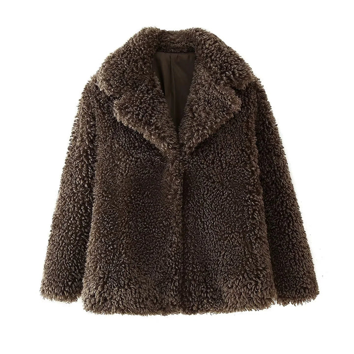 Women's teddy fur coat jacket with large shawl collar, warming padding and concealed closure Mune Fashion