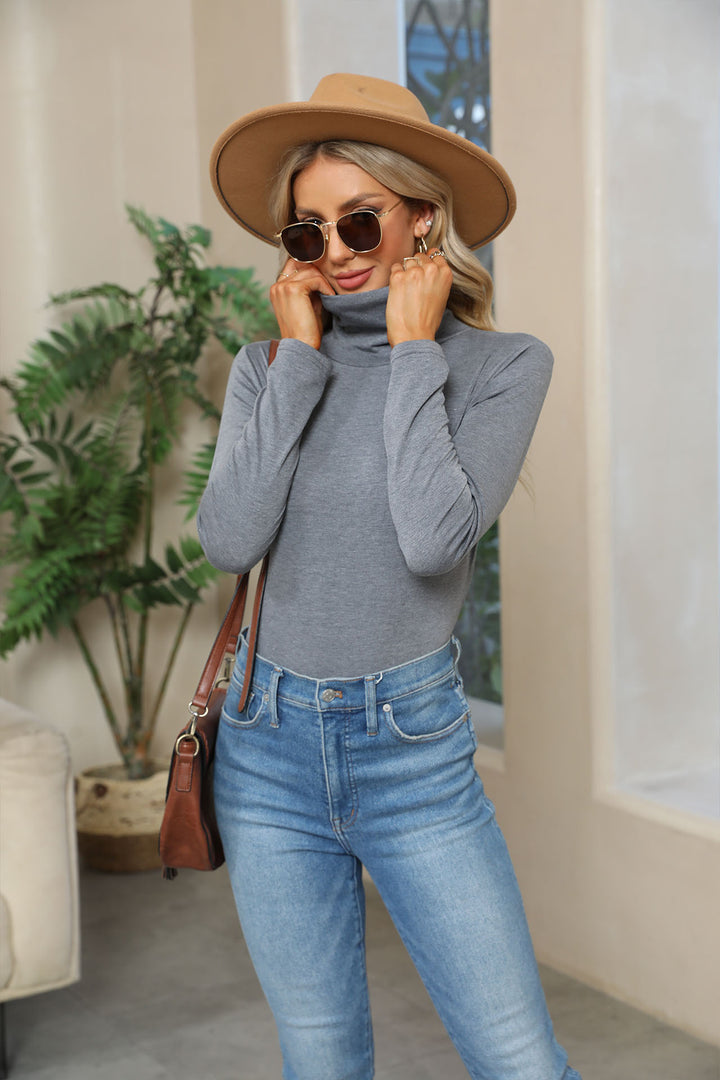 Women Fitted Stretch Jersey Turtleneck Top with Long Sleeve