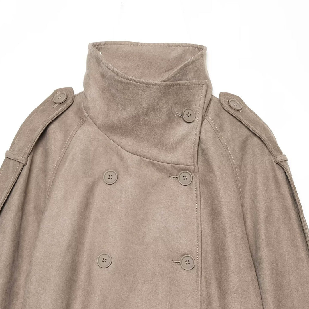Women's Cropped Cape Trench Coat in Velvet Look with High Standing Collar, Epaulettes, and Double-Breasted Button Placket Mune Fashion