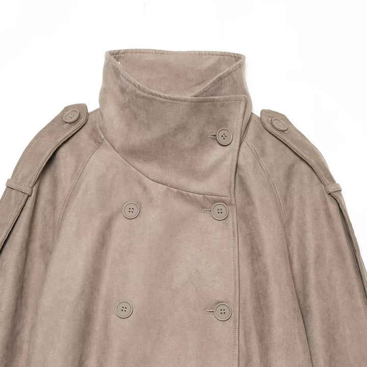 Women's Cropped Cape Trench Coat in Velvet Look with High Standing Collar, Epaulettes, and Double-Breasted Button Placket Mune Fashion