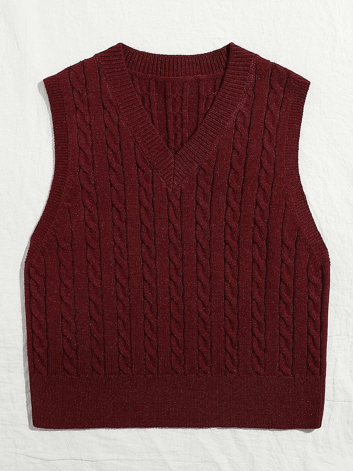 Women Knitted Sleeveless Cable Knit Sweater Vest with V-Neck Mune Fashion