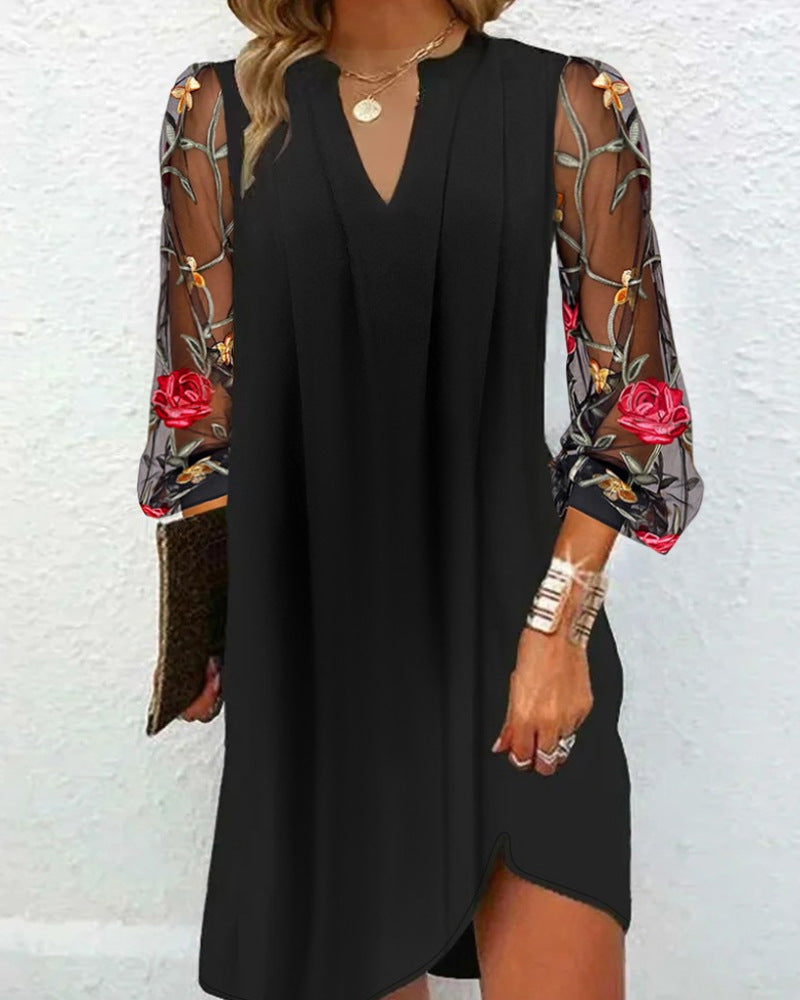 Ladies A-line dress with embroidered transparent sleeves and V-neck Mune Fashion