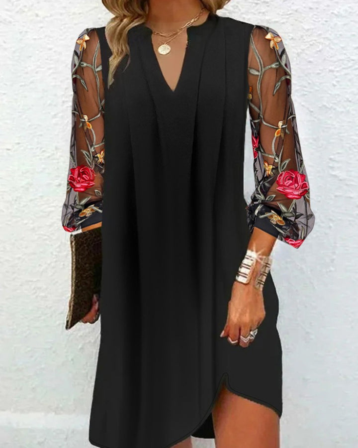Ladies A-line dress with embroidered transparent sleeves and V-neck Mune Fashion