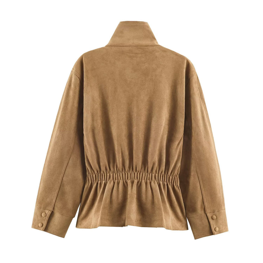 Women's short jacket made of suede look with stand-up collar and tie belt Drune