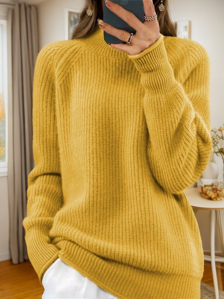 Women's cozy knitted sweater with stand-up collar and ribbed structure Mune Fashion