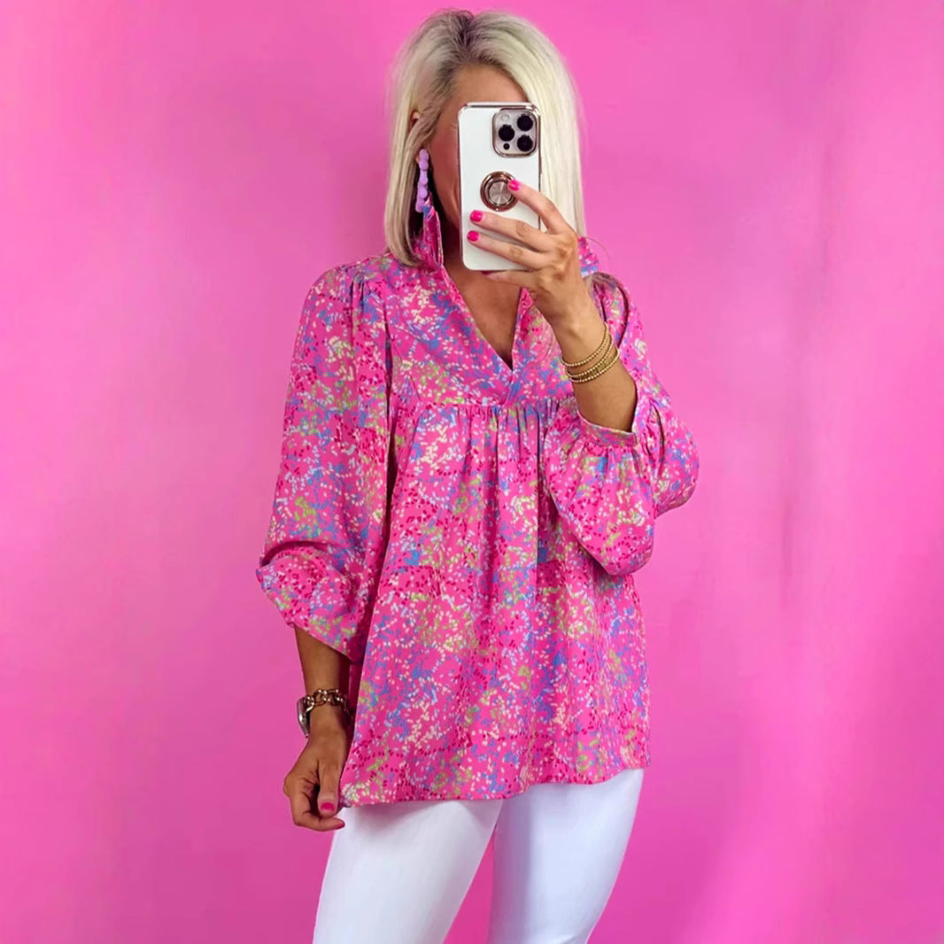 Women's Loose-Fit Floral Blouse with V-Neck and Gathered Yoke Mune Fashion