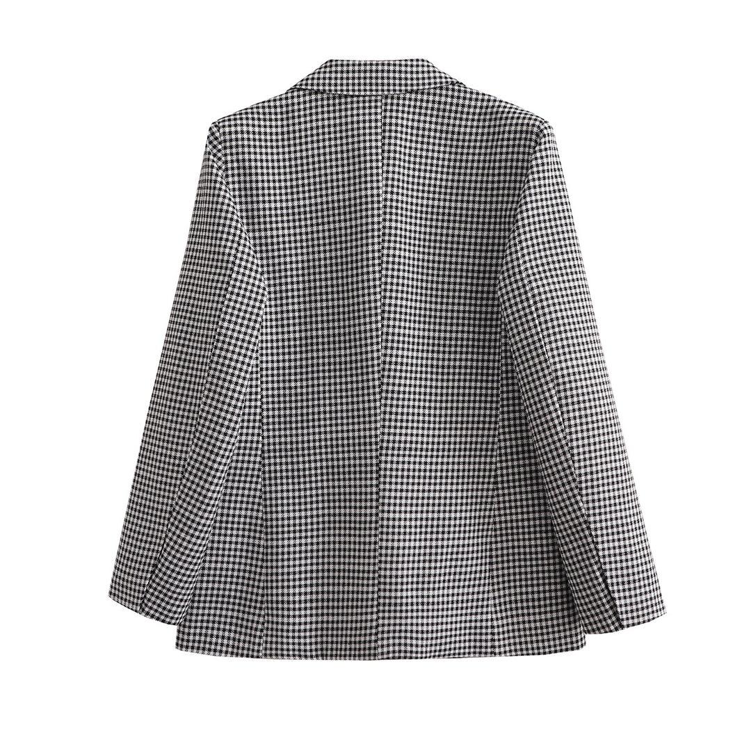 Women's Oversize Houndstooth Blazer with Single-Button Closure and Patch Pockets Mune Fashion