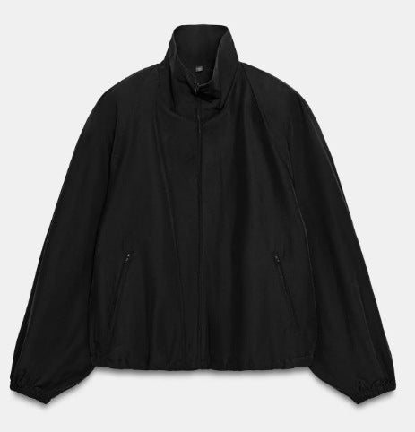 Women's Lightweight Oversized Bomber Style Windbreaker with High Standing Collar and Drawstring Mune Fashion