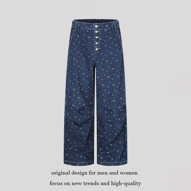 Women's High-Waist Culotte Jeans in Palazzo Cut with Visible Button Placket and Fine Floral Print Mune Fashion