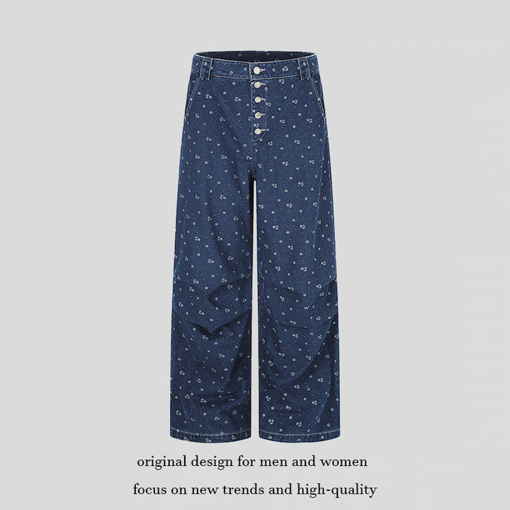 Women's High-Waist Culotte Jeans in Palazzo Cut with Visible Button Placket and Fine Floral Print Mune Fashion