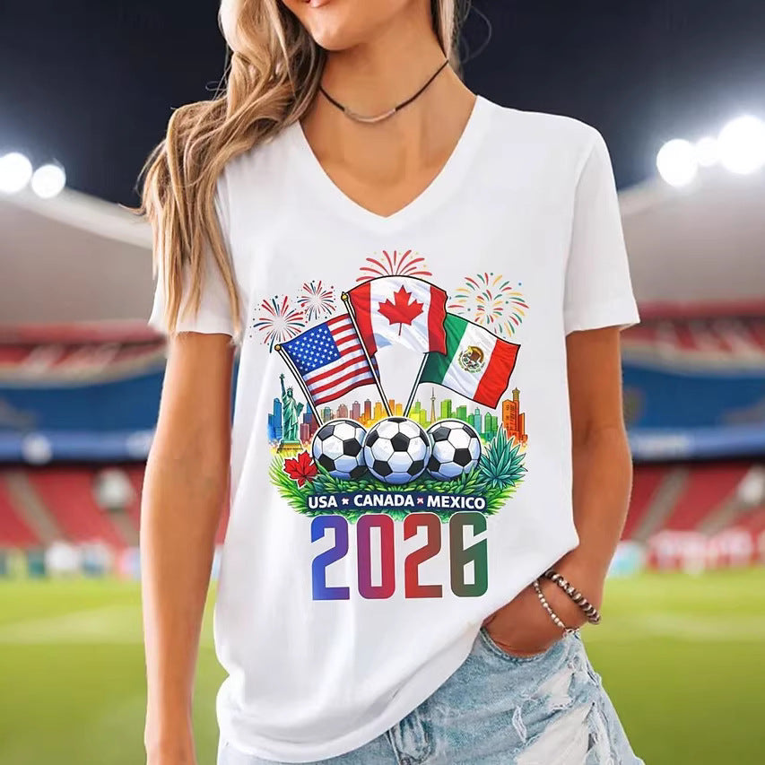 Women’s V-neck Retro Print T-shirt with Eagle Emblem and vintage-inspired Graphic Mune Fashion