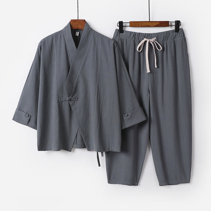 Men's Breathable Linen-Cotton Lounge Set with Asymmetrical V-Neck and Elastic Cord Pants Mune Fashion