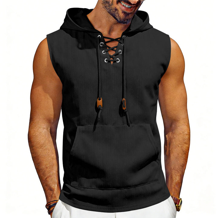 Men's sleeveless hooded vest with lace-up V-neck, kangaroo pocket, and casual fit Mune Fashion