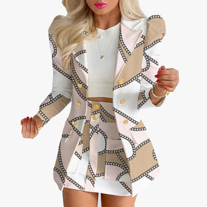 Ladies nan tailored two-piece business suit with double-breasted blazer and figure-hugging mini skirt Mune Fashion