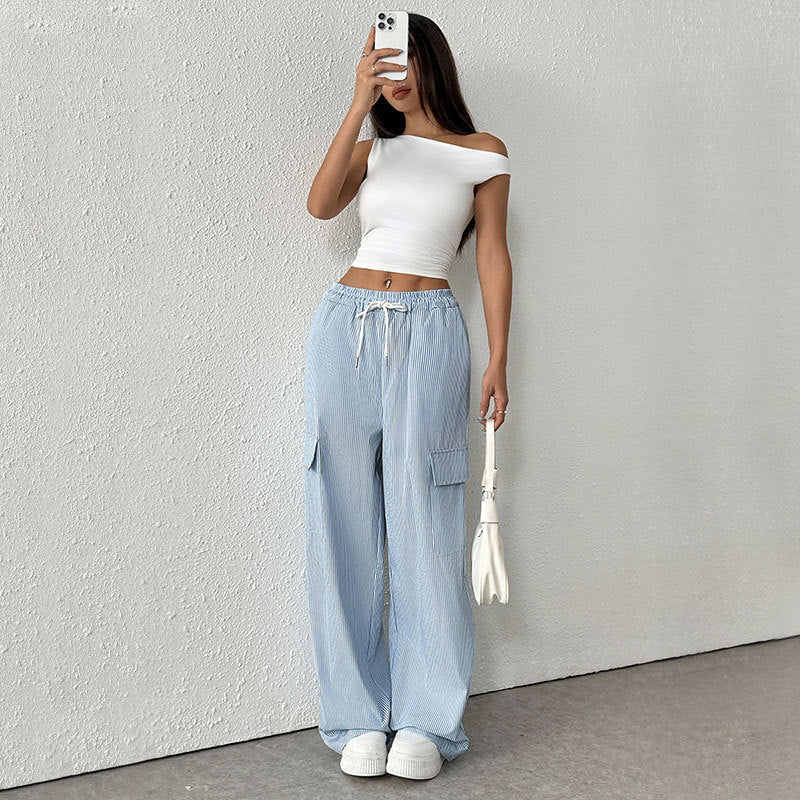 Women's Striped Wide Cargo Pants with High Elastic Waistband and Drawstring Mune Fashion