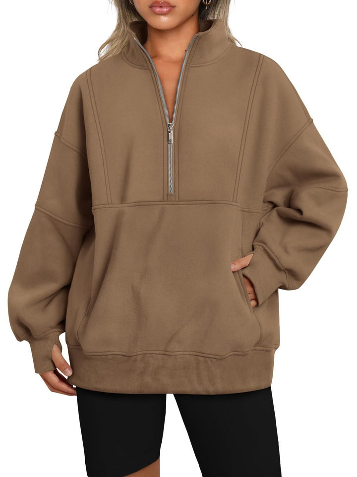 Women's Oversized Sweatshirt with Half Zipper, Stand-Up Collar and Kangaroo Pocket Mune Fashion