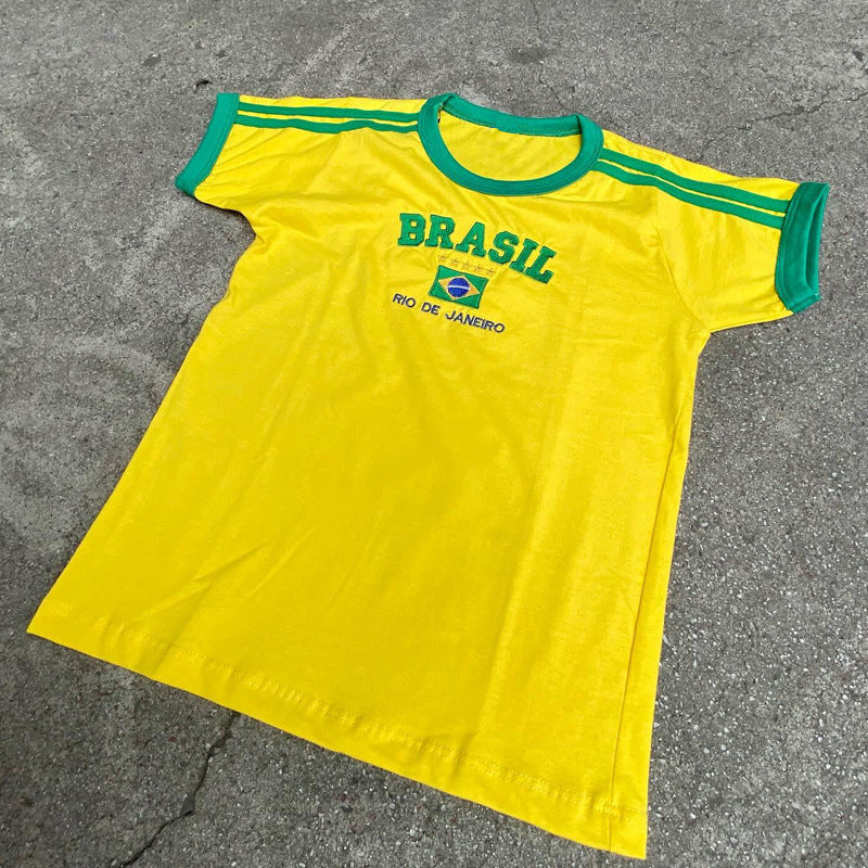 Women's short cotton crop shirt with round neck and Brazil print Mune Fashion