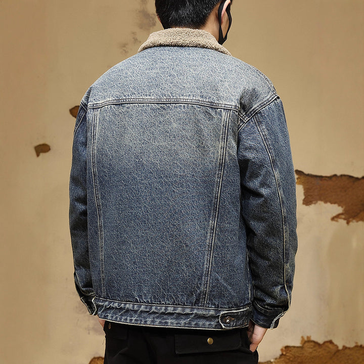 Men's Cozy Denim Jacket with Faux Fur Collar Mune Fashion
