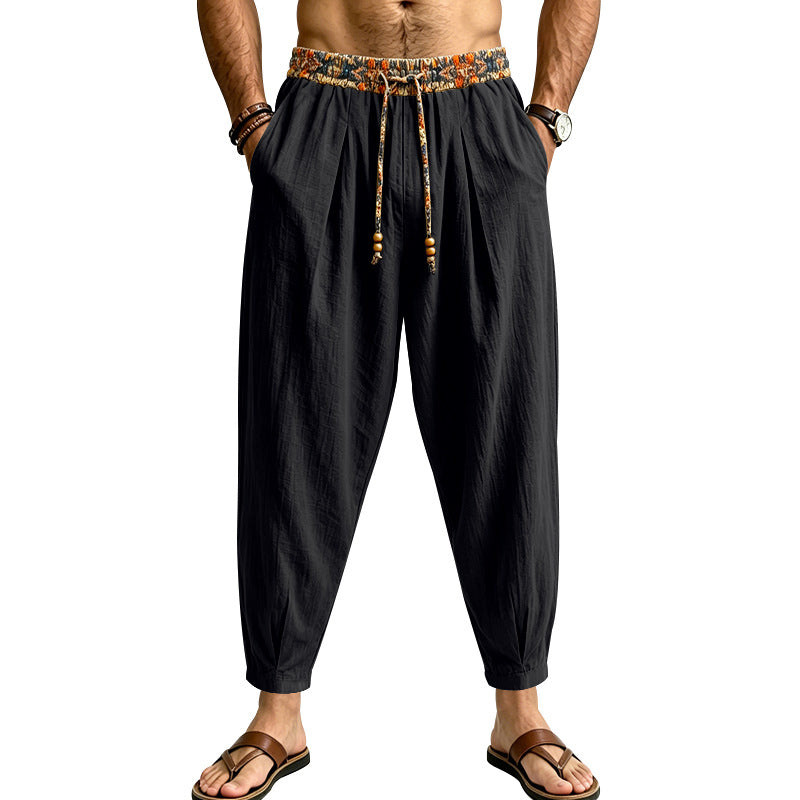 Men's Casual Harem Pants with Patterned Drawstring Waist and Tapered Ankle Cuffs Mune Fashion