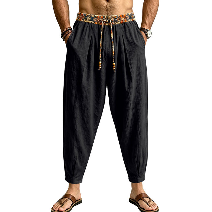 Men's Casual Harem Pants with Patterned Drawstring Waist and Tapered Ankle Cuffs Mune Fashion
