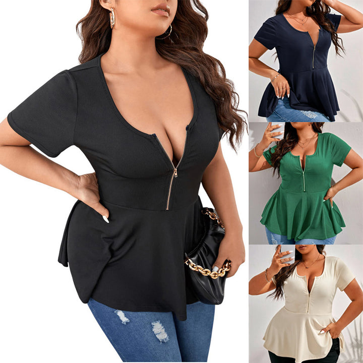 Ladies Ribbed Zip Peplum Top with Deep V Neck Mune Fashion