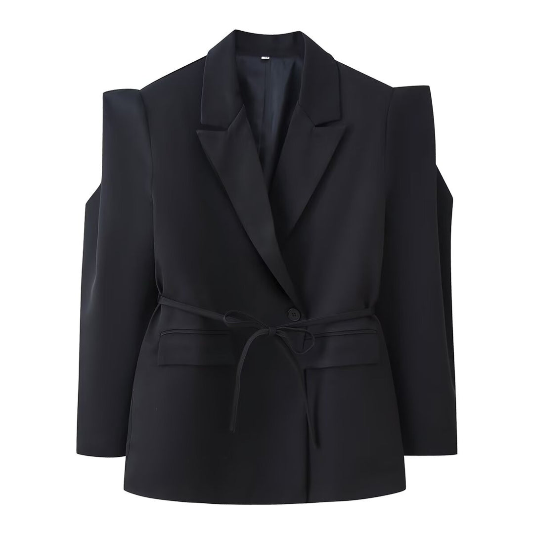 Women's blazer with shoulder cutouts, belted waist and single button closure Mune Fashion
