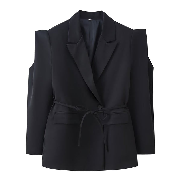 Women's blazer with shoulder cutouts, belted waist and single button closure Mune Fashion