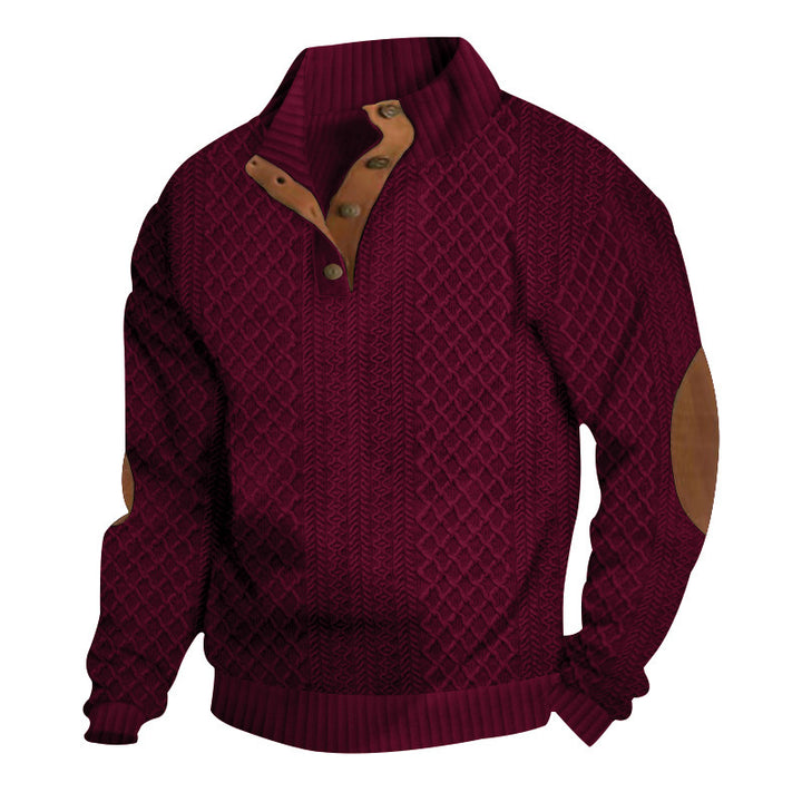 Men's chunky knitted sweater with stand-up collar, leather trim, and elbow patches Mune Fashion