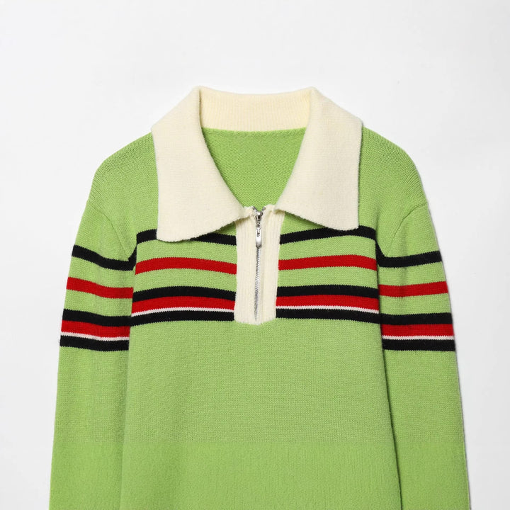 Women's ribbed knit pullover with half zip, large contrast collar, and striped chest area Mune Fashion