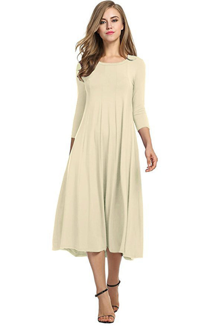 Women's Long A-Line Midi Dress made of Stretch Jersey with Three-Quarter Sleeves and Side Pockets Mune Fashion