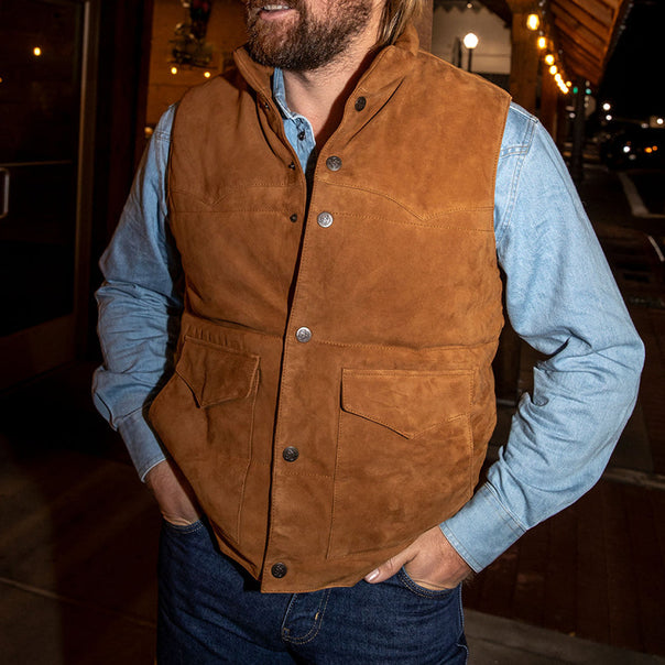 Men's suede vest with stand-up collar and patch pockets Mune Fashion