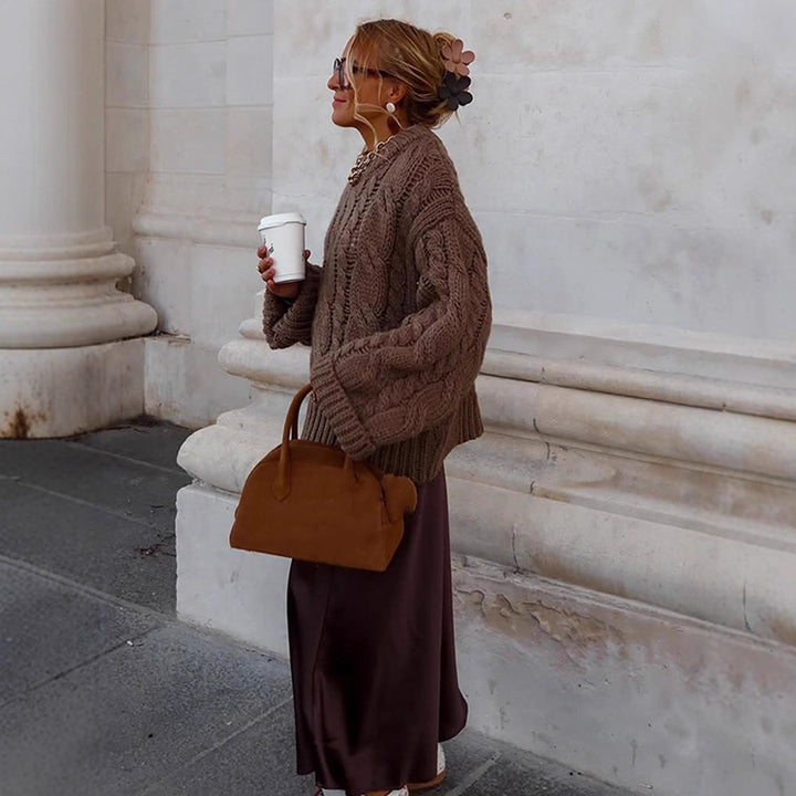 Women's Oversize Chunky Knit Sweater with Cable Knit, High Collar and Extended Sleeves Mune Fashion