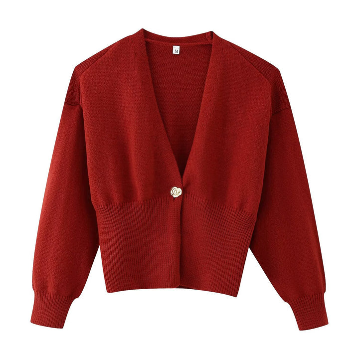 Women Short V-Neck Cardigan with Balloon Sleeves and Decorative Button Mune Fashion