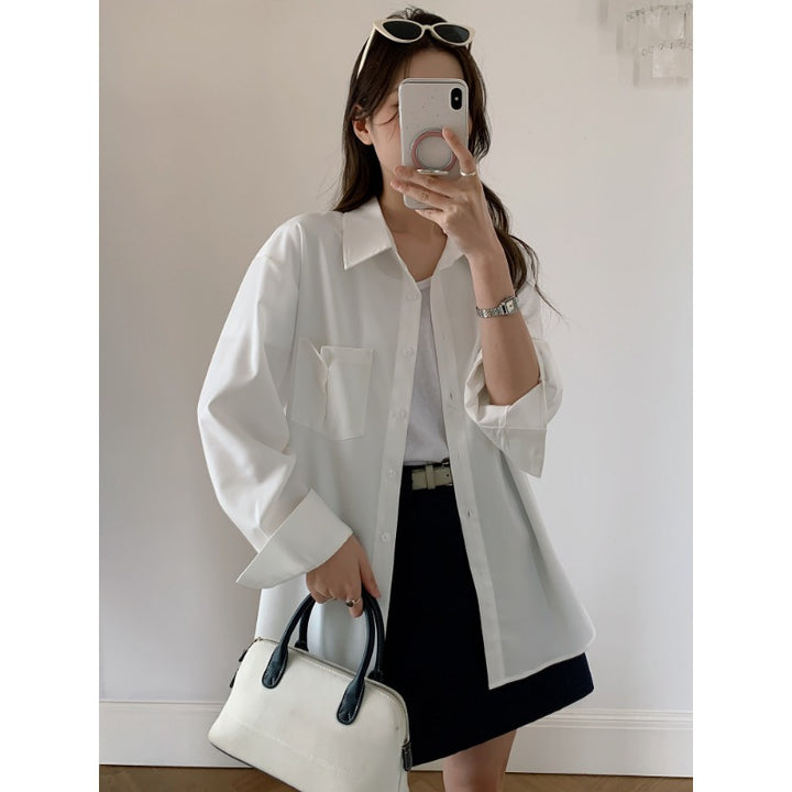 Women Oversized Shirt Blouse made of Flowing Material with Breast Pocket Mune Fashion