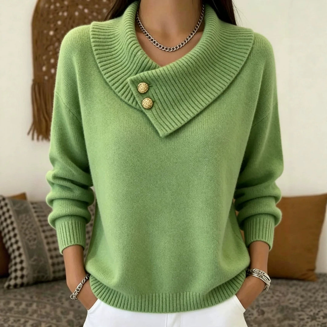 Women's fine knit pullover with overlapping shawl collar and decorative buttons Mune Fashion