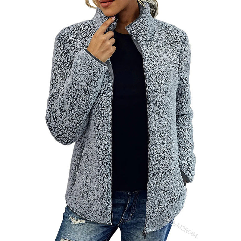 Women cozy teddy fleece jacket with stand-up collar and zipper Mune Fashion