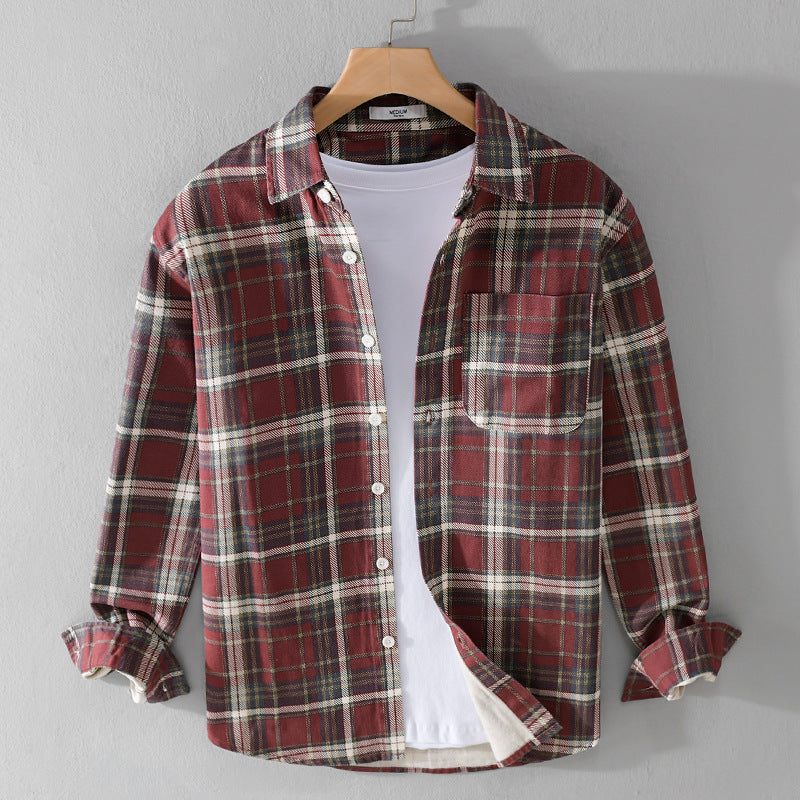 Men's Checked Flannel Overshirt in Vintage Look with Patch Chest Pocket and Curved Hem Mune Fashion