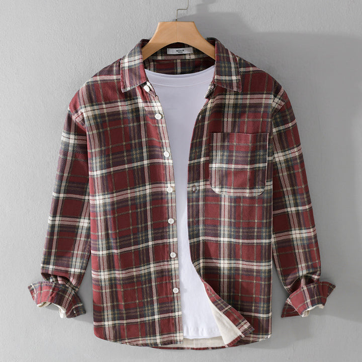 Men's Checked Flannel Overshirt in Vintage Look with Patch Chest Pocket and Curved Hem Mune Fashion