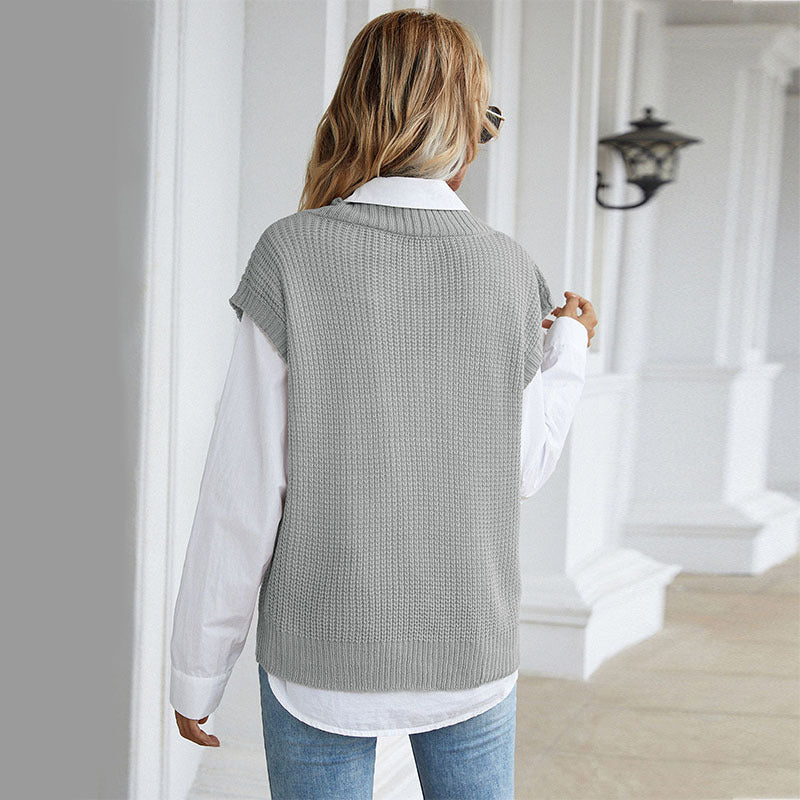 Women's Chunky Knit Oversized Vest with Deep V-Neck and Ribbed Hem Mune Fashion