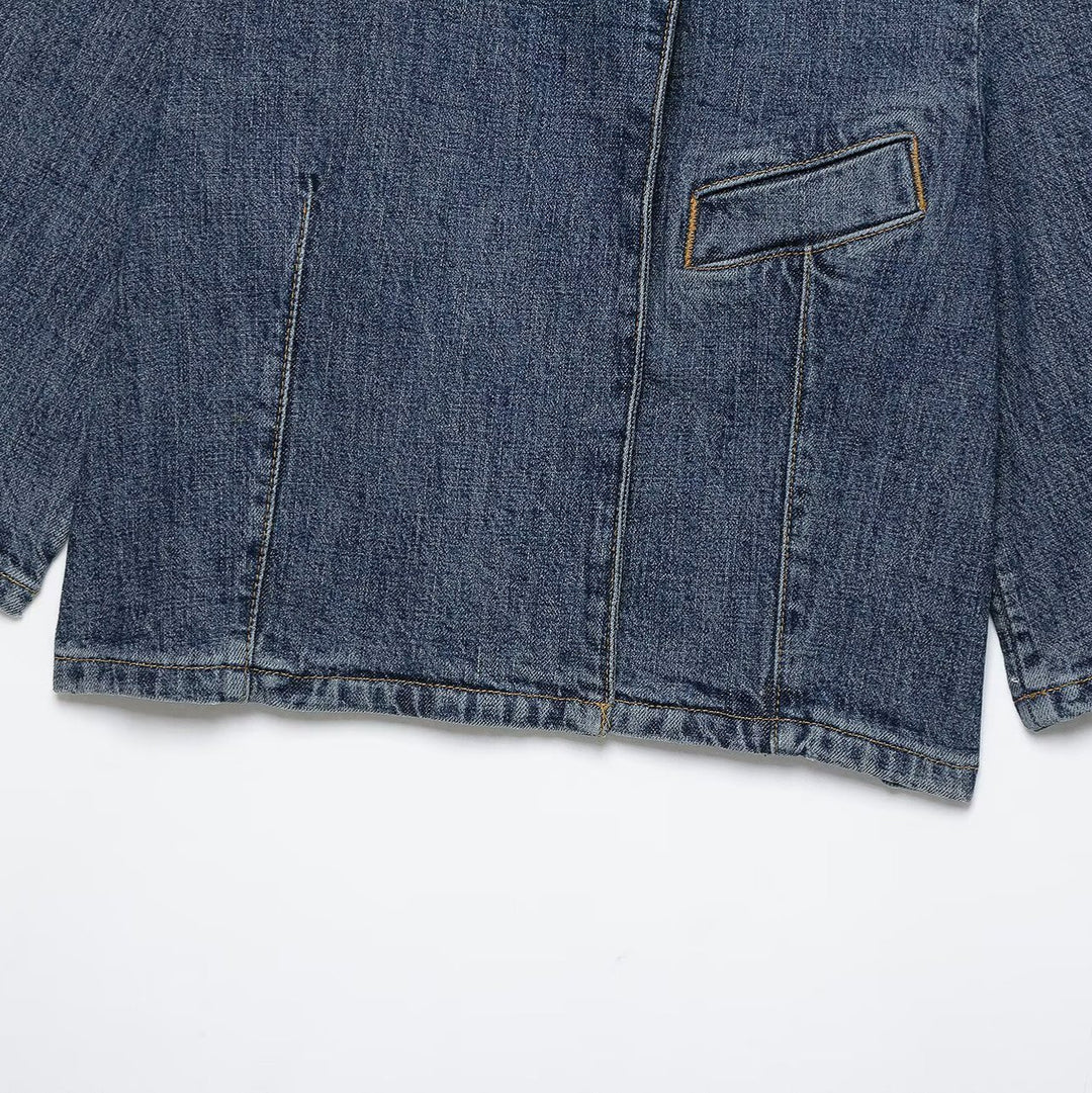 Women's Cropped Denim Jacket in Boxy Cut with Stand Collar and Concealed Button Placket Mune Fashion