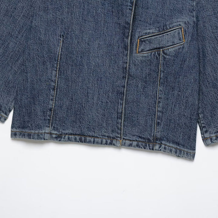 Women's Cropped Denim Jacket in Boxy Cut with Stand Collar and Concealed Button Placket Mune Fashion
