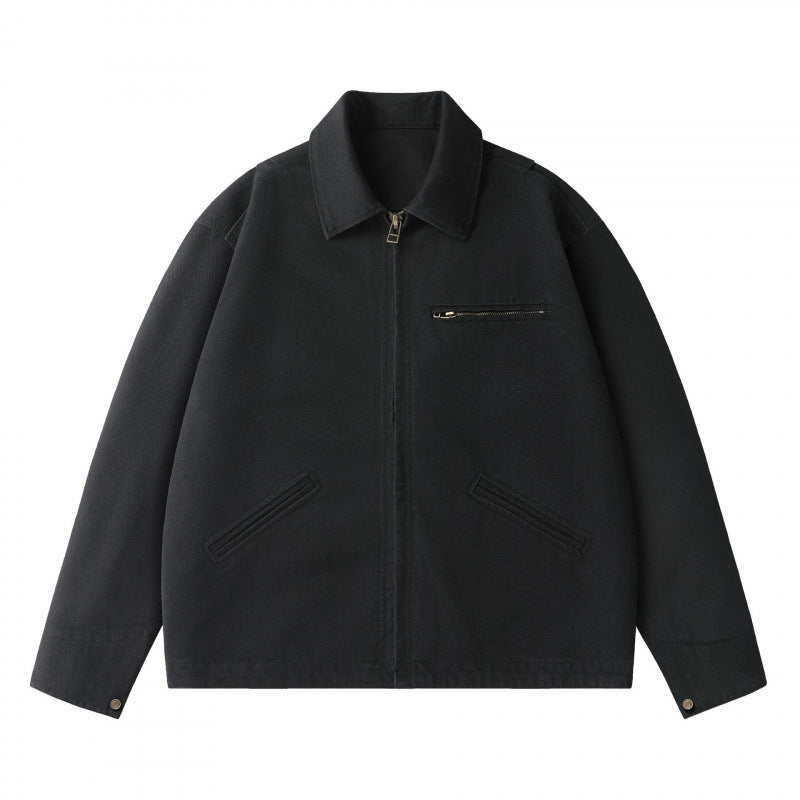 Unisex Boxy Short Jacket in Worker Blouson Style with Shirt Collar and Concealed Zip Mune Fashion