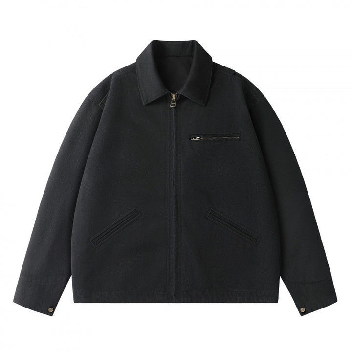 Unisex Boxy Short Jacket in Worker Blouson Style with Shirt Collar and Concealed Zip Mune Fashion