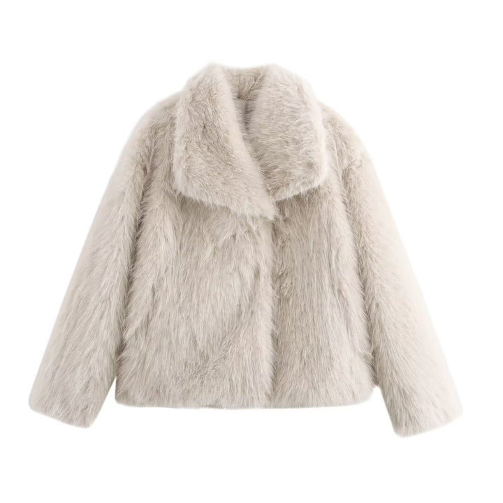 Ladies Short-Cut Faux-Fur Coat with Voluminous Shawl Collar and Straight Cut Mune Fashion