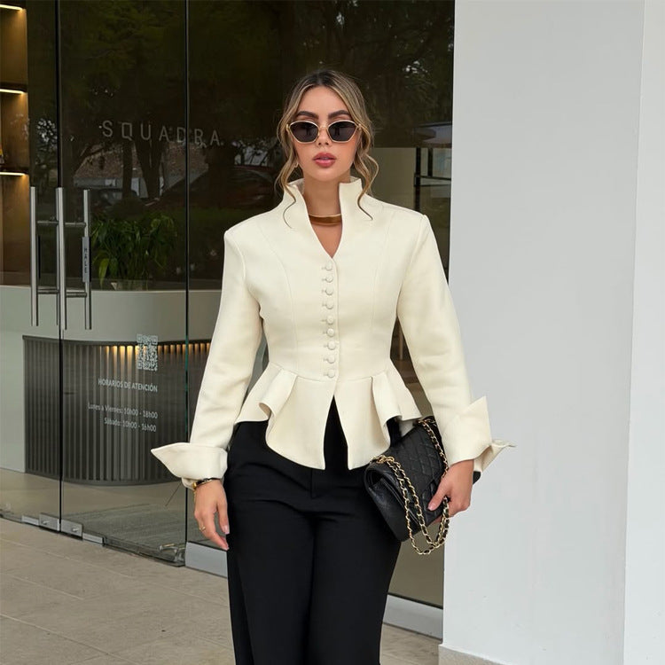 Women Tailored Blazer with Flounce, Stand Collar & Decorative Button Placket Mune Fashion