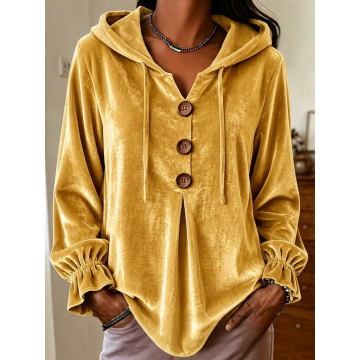 Women's Velvet Hoodie with Wooden Button Placket, Drawstring and Gathered Sleeves Mune Fashion