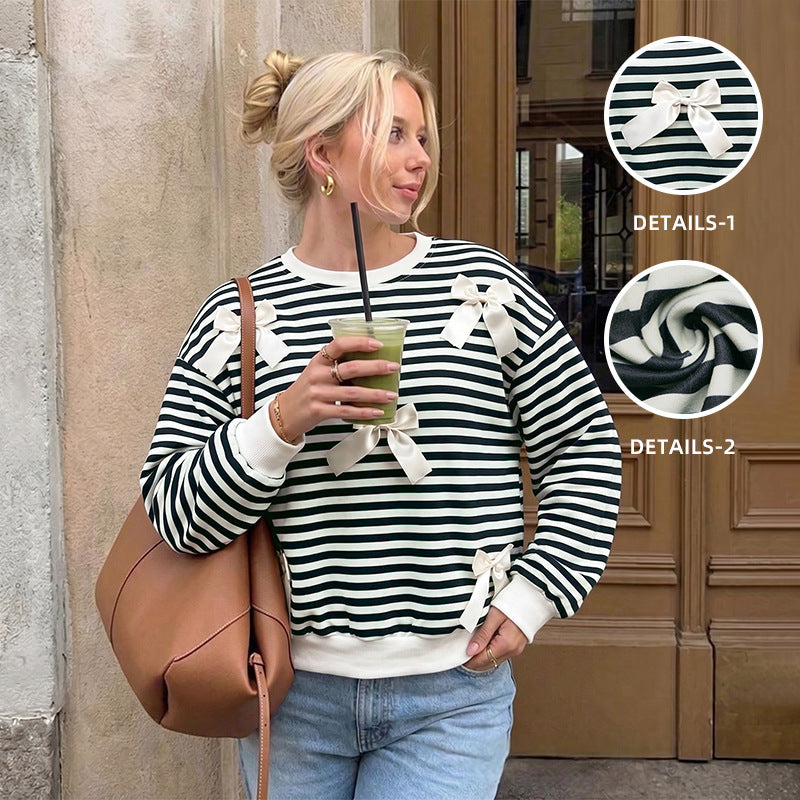 Women Elegant Striped Sweater with Bow Details Mune Fashion