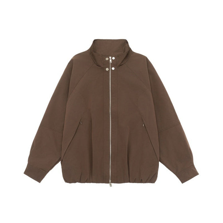 Women's Lightweight Raglan Bomber Jacket with Stand Collar and Elastic Hem Mune Fashion