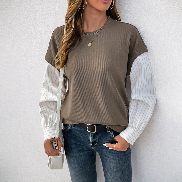 Women Casual Long Sleeve with Ribbed Top & Striped Blouse Sleeves Mune Fashion